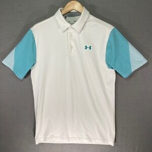 Under‎ Armour Mens Playoff Polo Shirt Small White Teal Stripe Golf